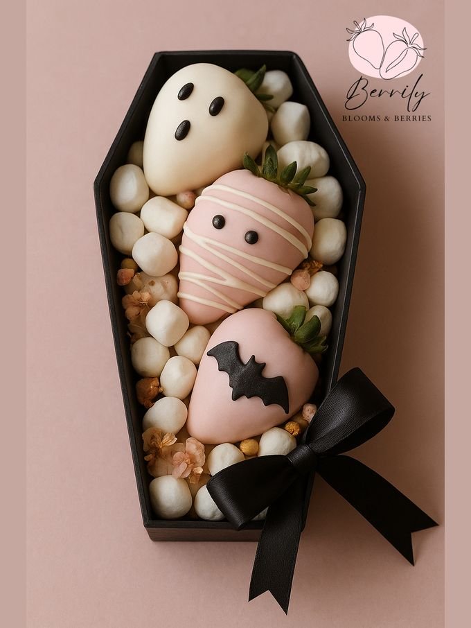 Caja en forma de ataúd con fresas decoradas como fantasma, momia y murciélago