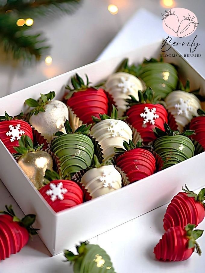 Caja de fresas navideñas en rojo, verde y blanco con copos de nieve