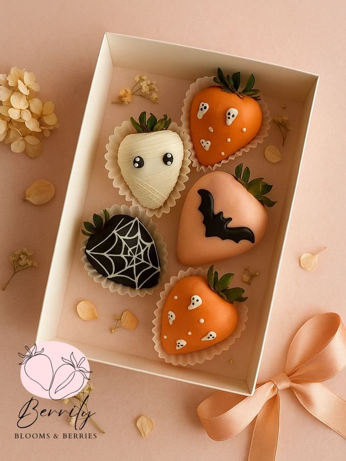 Caja de fresas decoradas a mano con momia, telaraña, murciélago y fantasmas