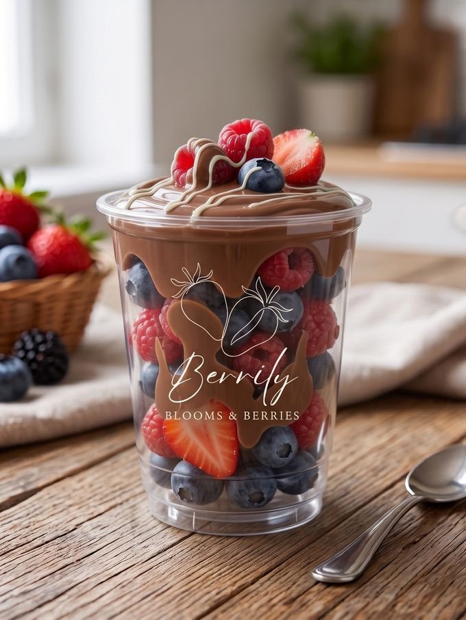 Vaso Berrily con fresas, frambuesas y arándanos cubiertos de chocolate